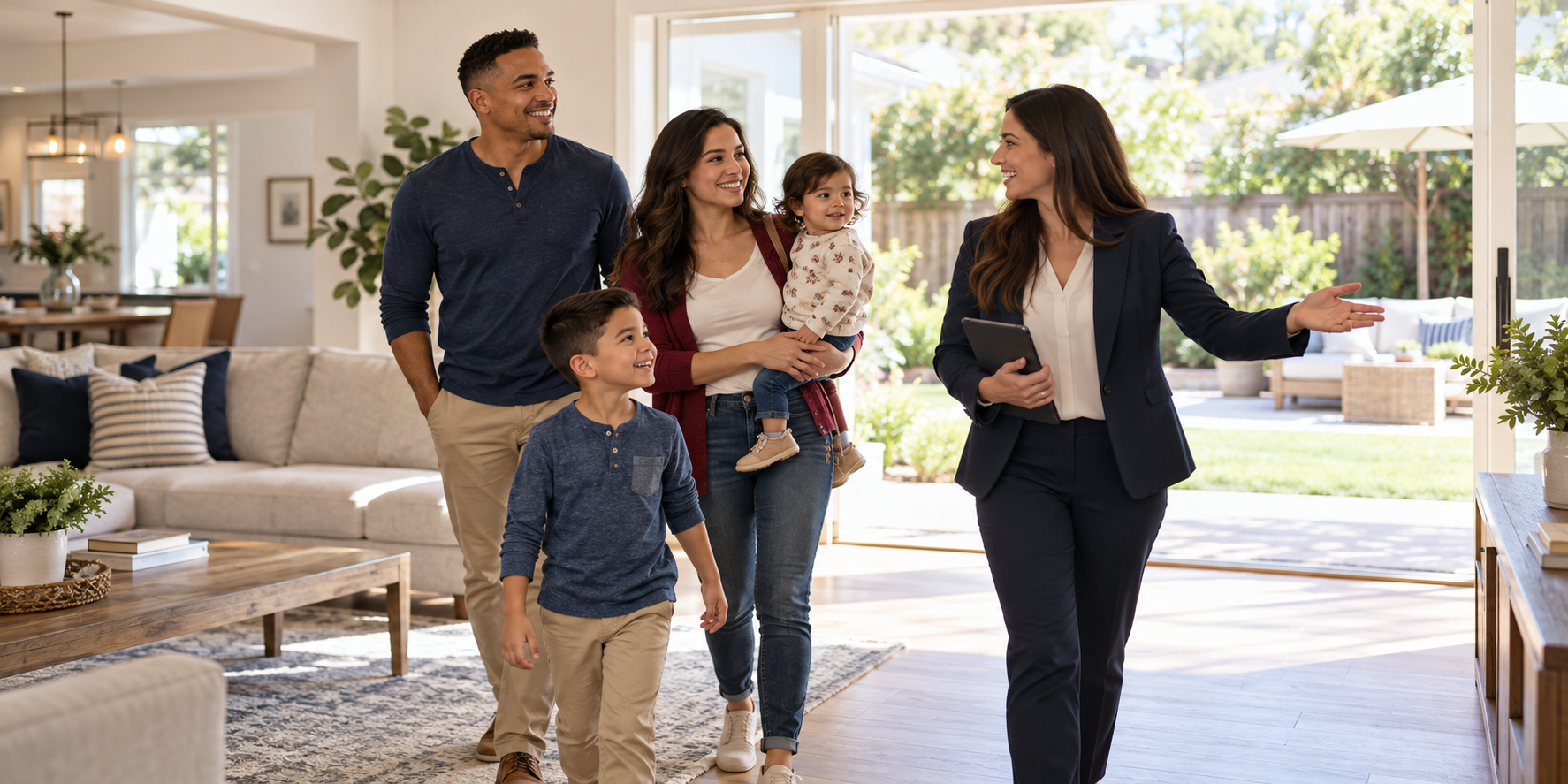 A military family with children touring a home